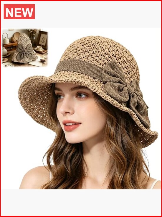 Accessories - Woven Straw Wide Brim Sun Hat with Bow, Adjustable, Foldable for Travel